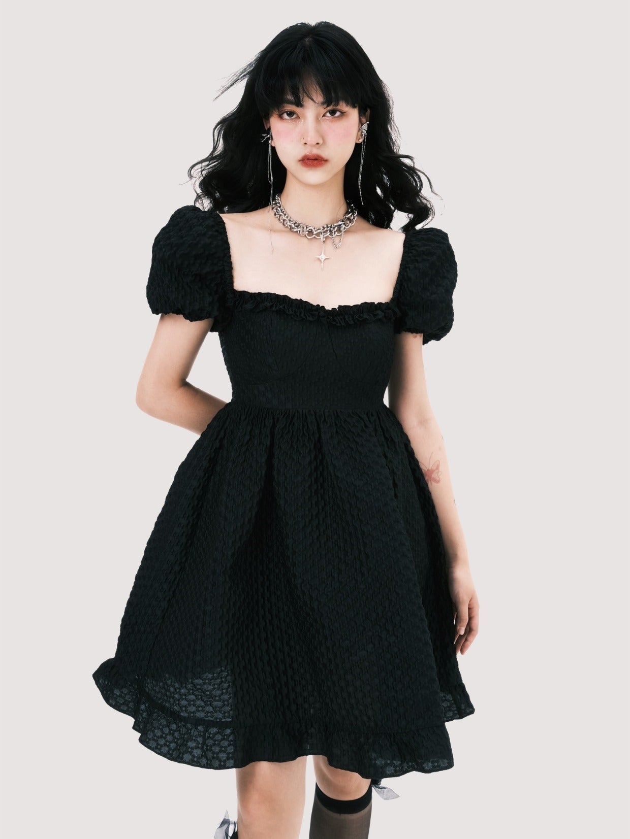 Elegant Square Neck Puff Sleeve Jacquard Dress - chiclara