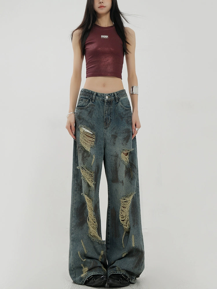 Retro Tie-Dye Distressed Wide-Leg Jeans With Washed Effect And Draping Fit - chiclara