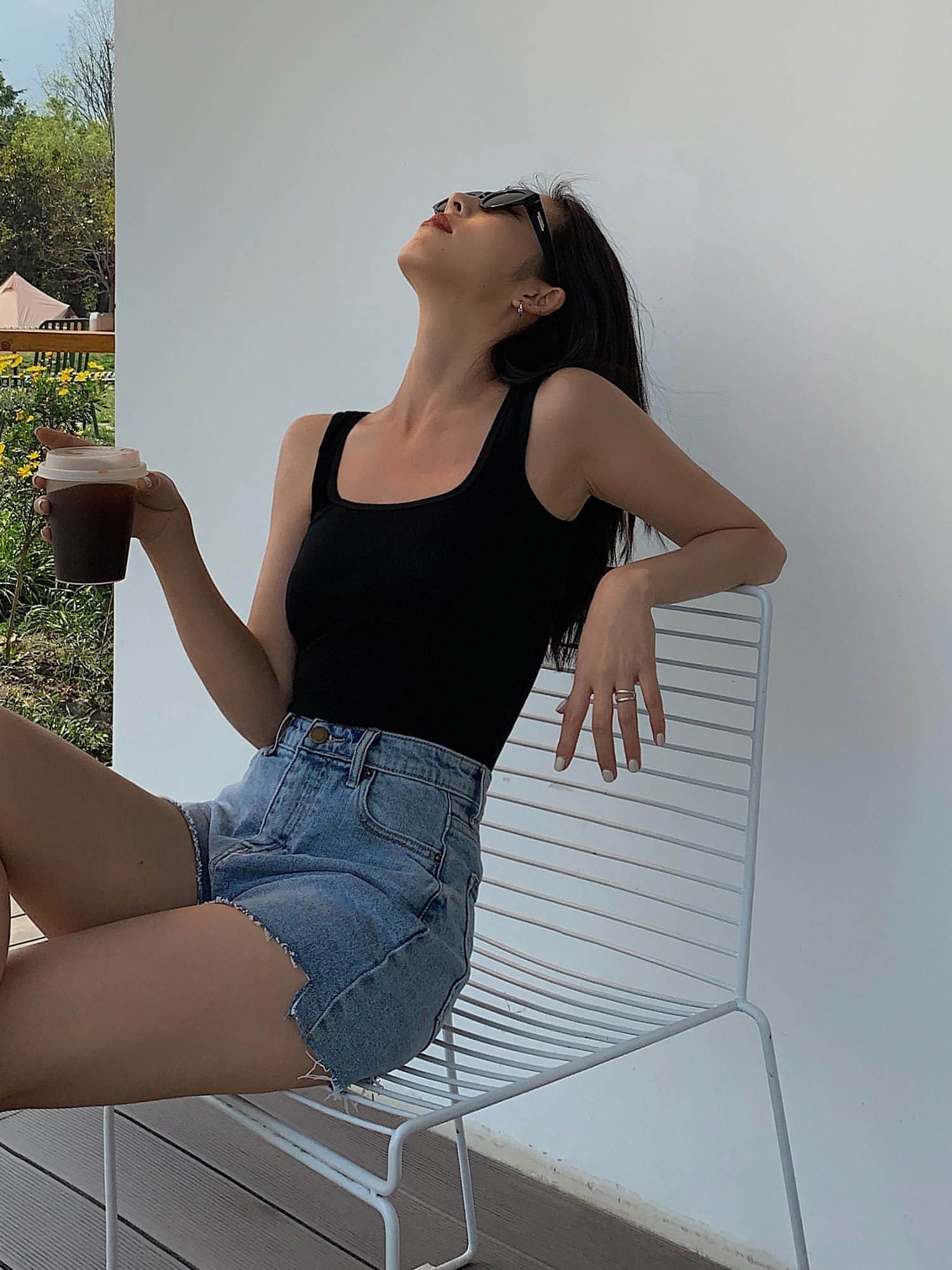 Summer Collection - Black Knitted Square Neck Camisole Top - chiclara
