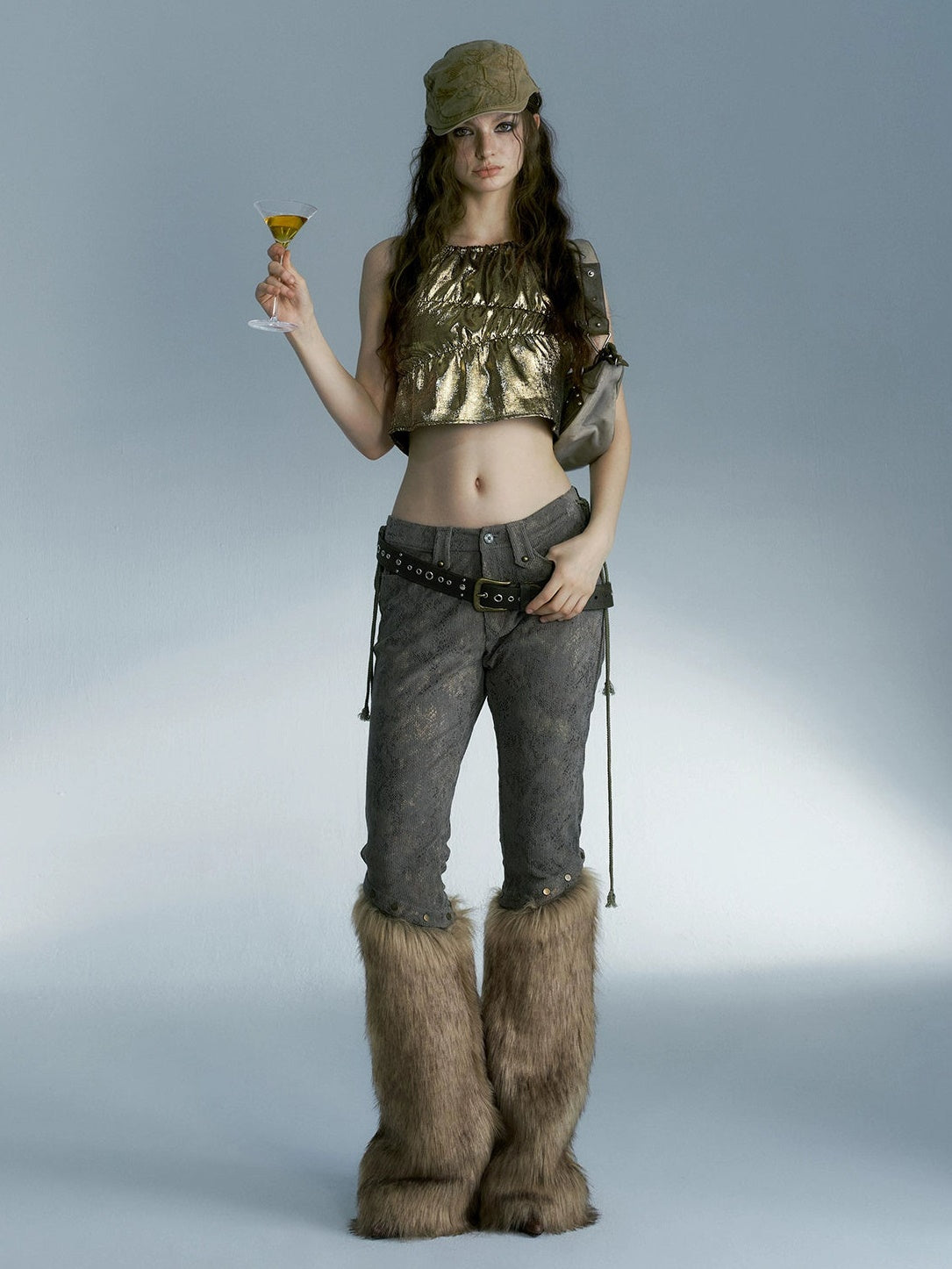 Fur-Trimmed Snake Print Cropped Pants - chiclara
