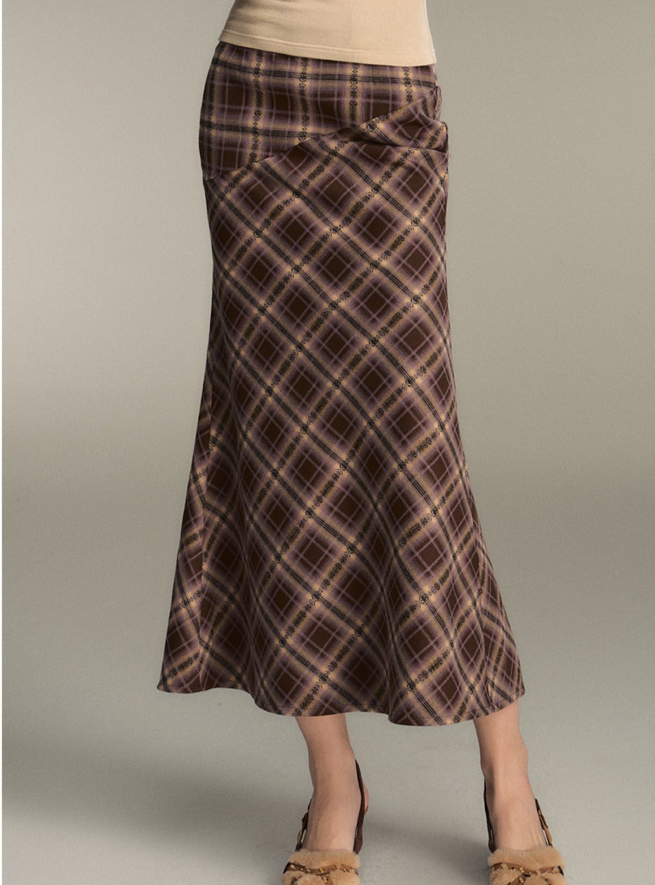 Retro Brown Check Long Mermaid Skirt - chiclara