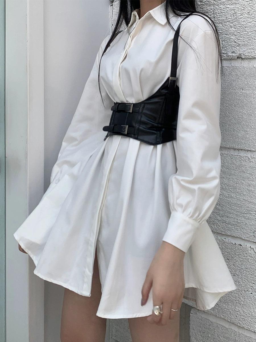 Ladyghost Edgy White Mini Shirt Dress With Black Harness Belt - Women'S Contrast Corset Waist Outfit