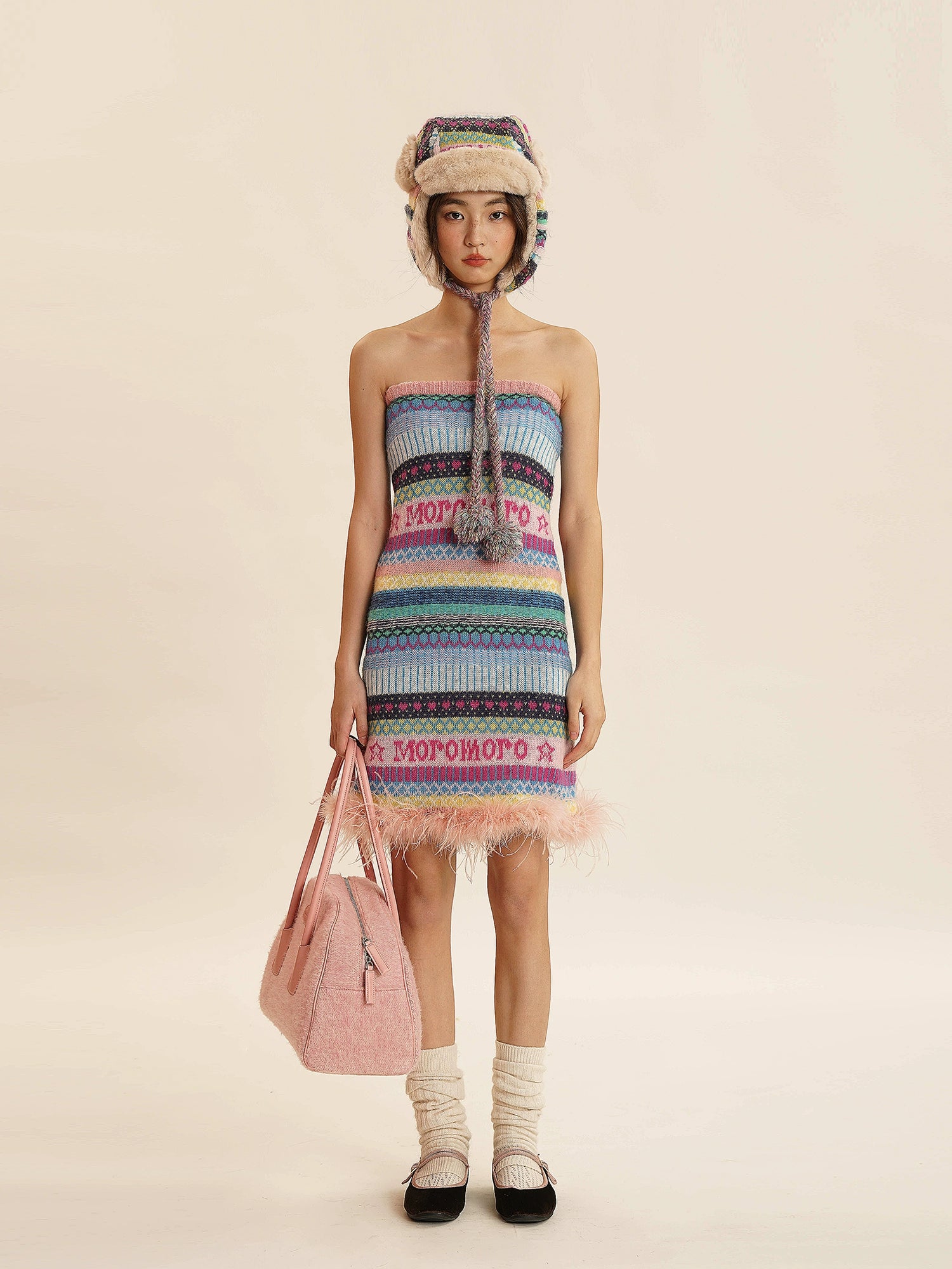 Retro Colorful Fair Isle Stripe Jacquard Ostrich Feather Tube Dress - chiclara
