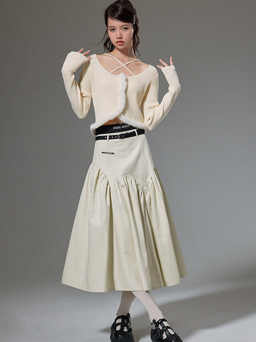 Embroidered Double Waist Stitch Skirt - chiclara