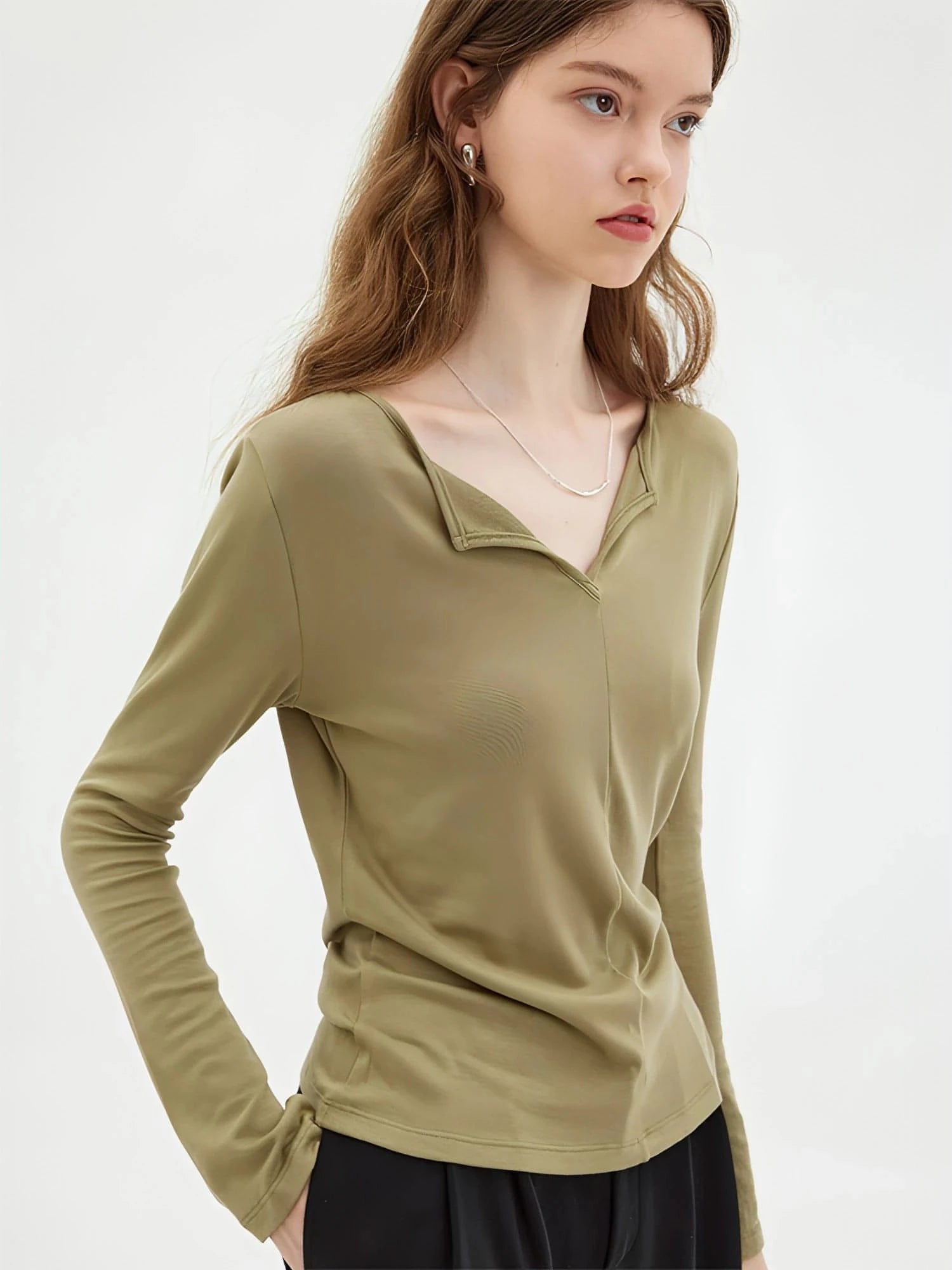 V-Neck Long Sleeve Knitted Base Layer Top - chiclara