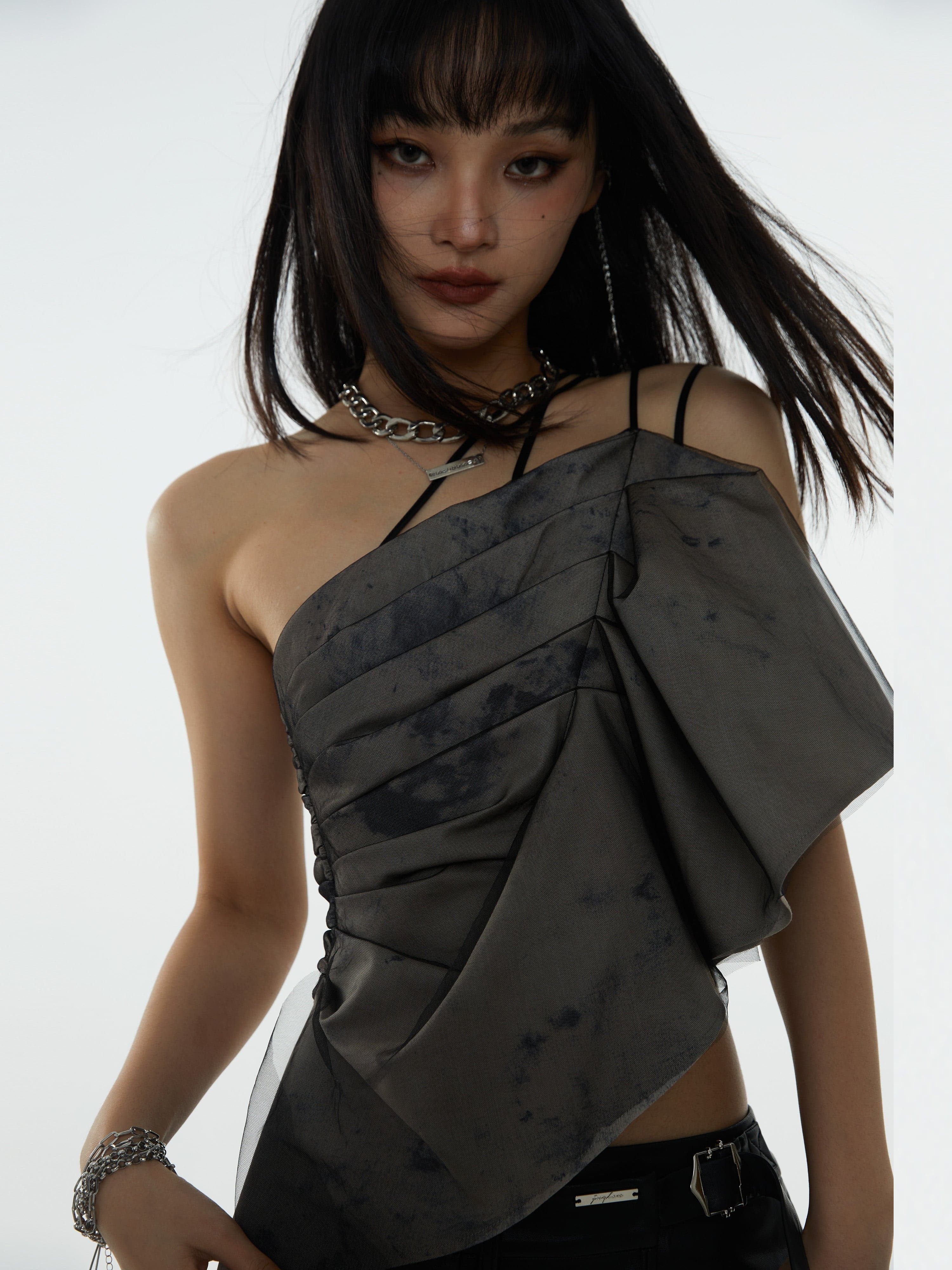 Asymmetric Camisole With Pleated Shoulder Strap - chiclara