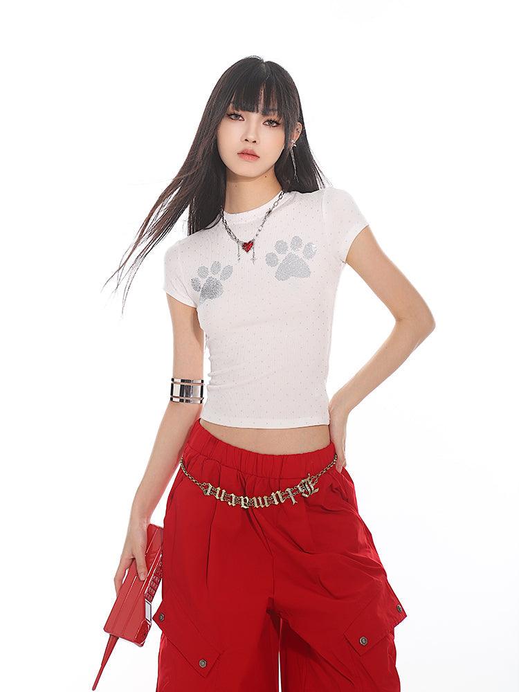 Cat Paw Print Fitted Short Sleeve Tee - chiclara