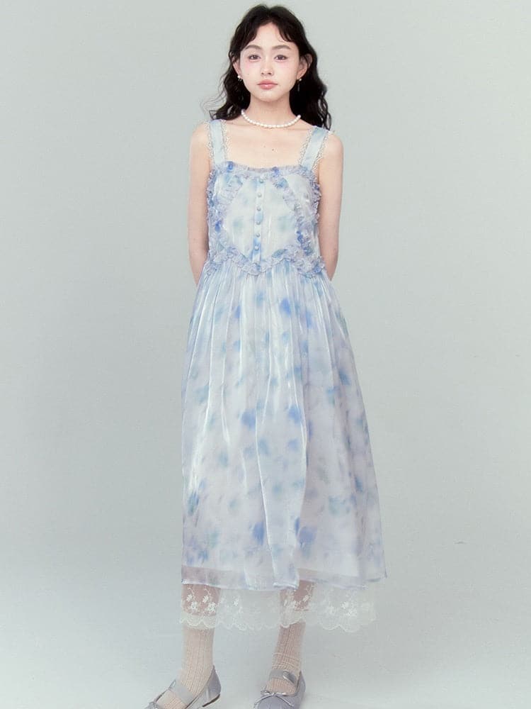 Long Dress With Printing Suspenders - chiclara