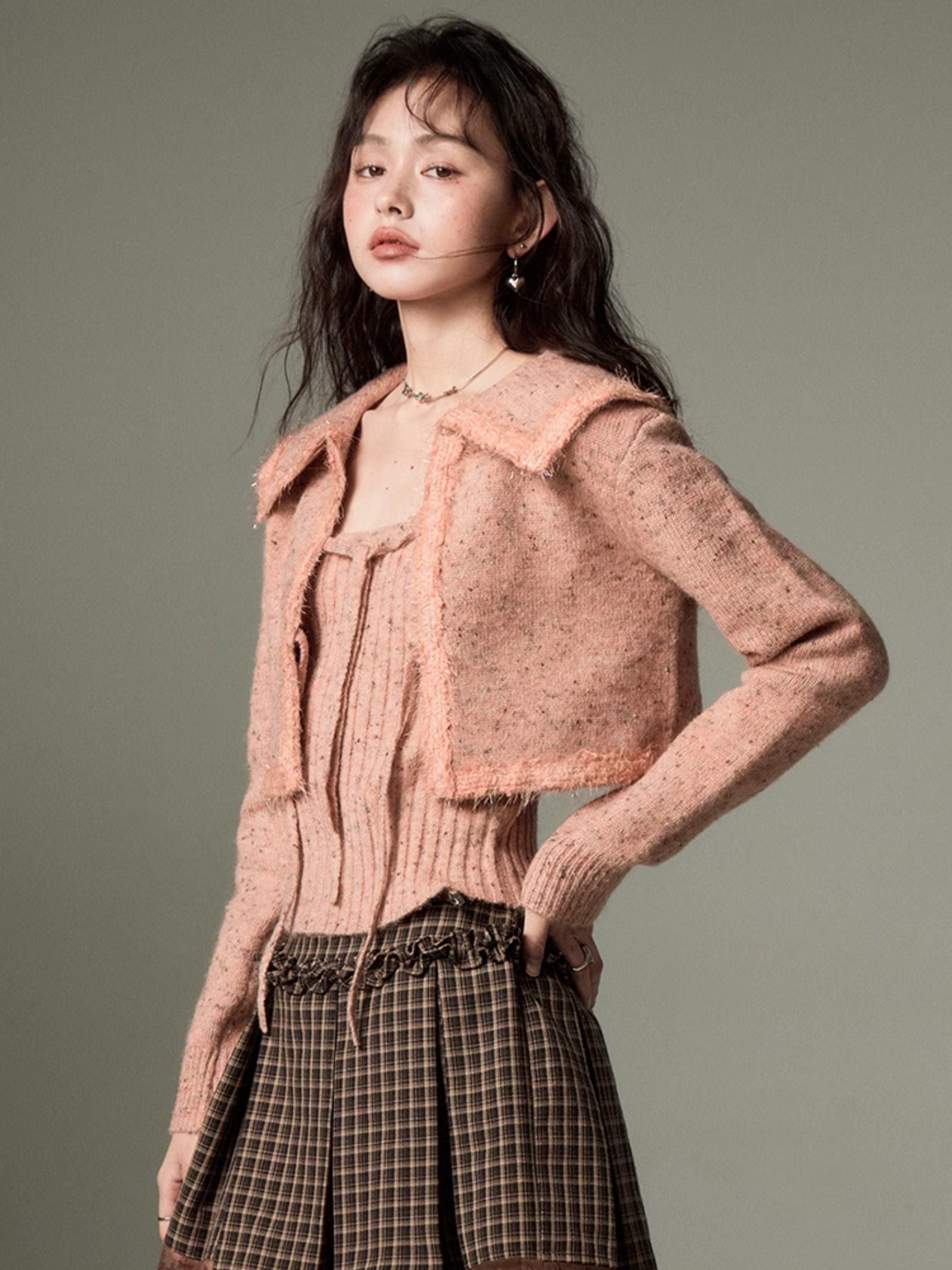 Cropped Knitted Cardigan & Camisole Set With Big Collar - chiclara