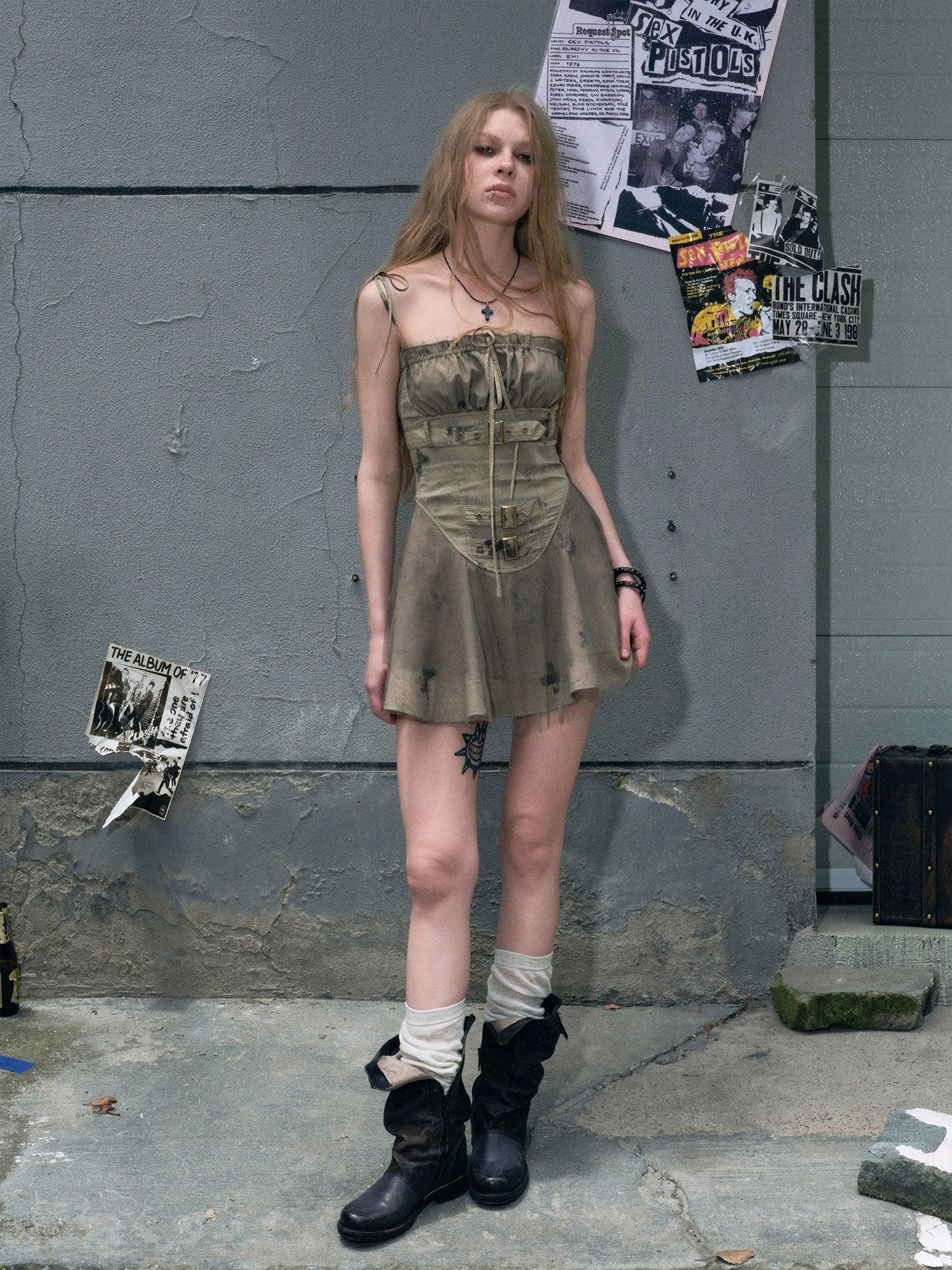 Cest Nous Beige Tie-Strap Corset Mini Dress - Floral Print Bustier Sundress With Buckle Detail
