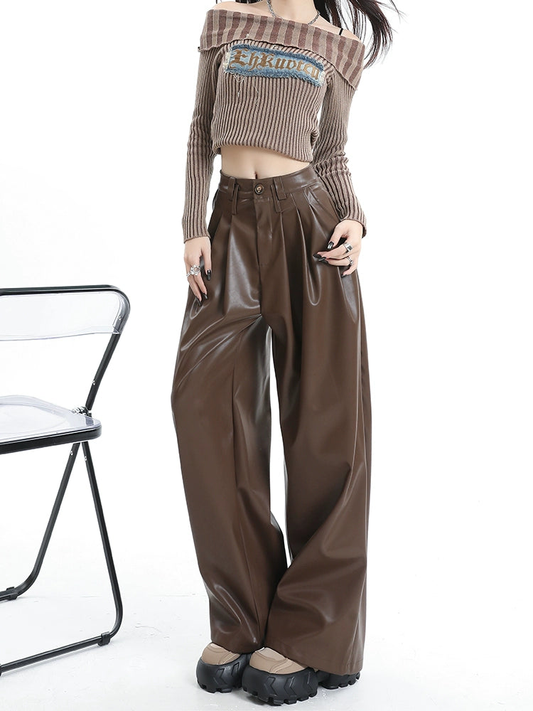 Coffee Wide-Leg Pu Leather Pants - chiclara