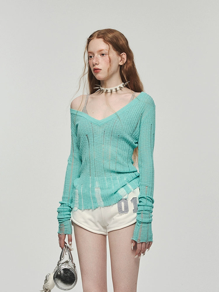 Hollow-Out V-Neck Thin Cardigan With Distressed Waist Knit Top - chiclara