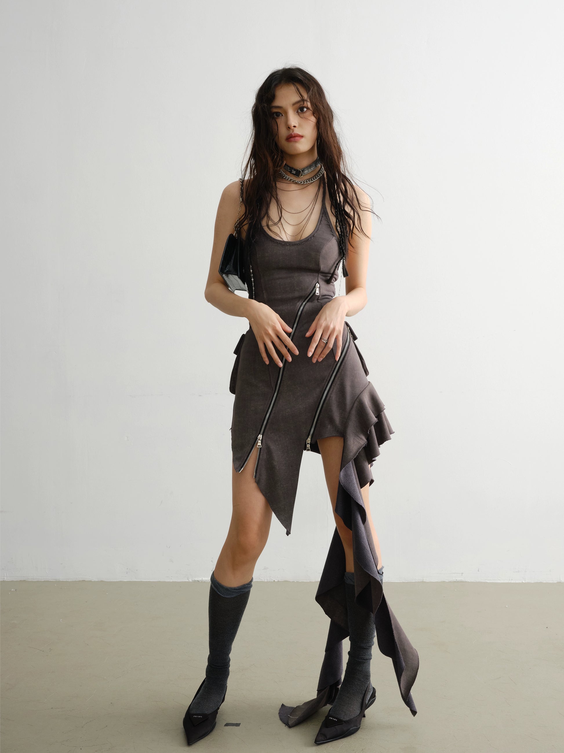Elegant Ruffled Suspender Dress With Unique Zipper Detail - chiclara