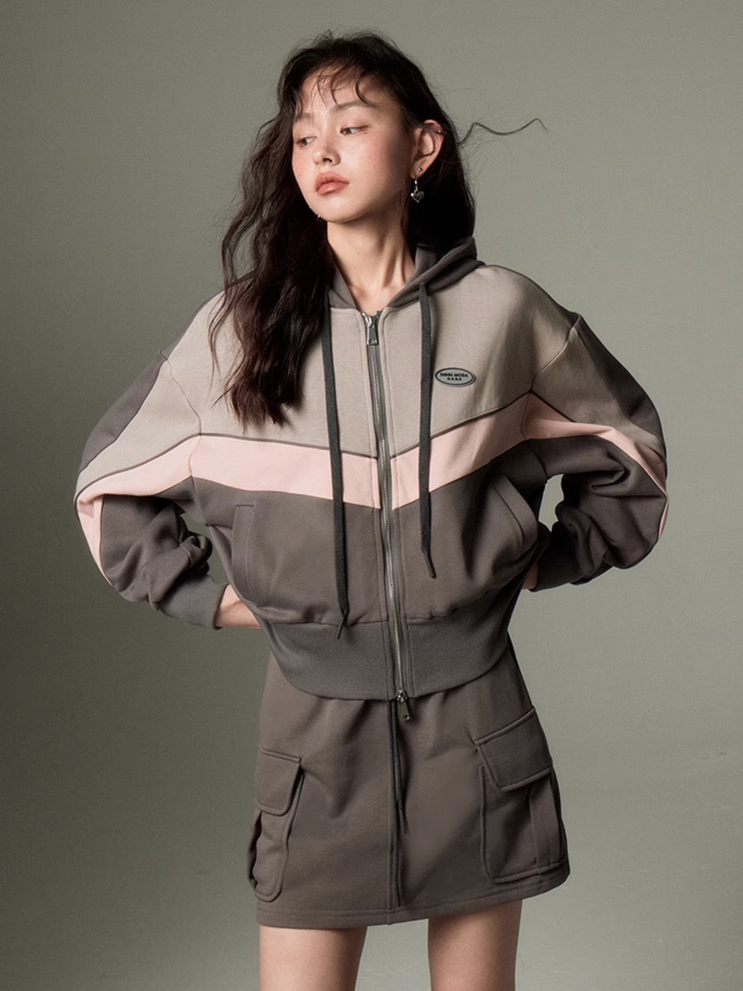 Sporty Zip-Up Hoodie & Flared Skirt - chiclara