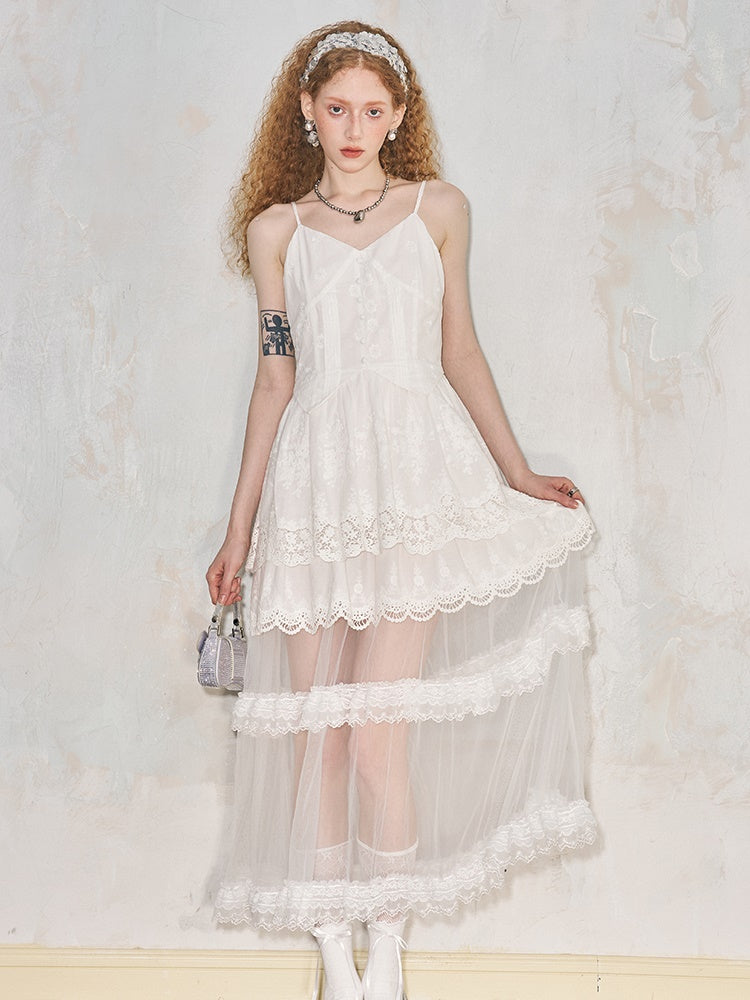 Romantic Hollow Embroidery Lace Camisole Dress - chiclara
