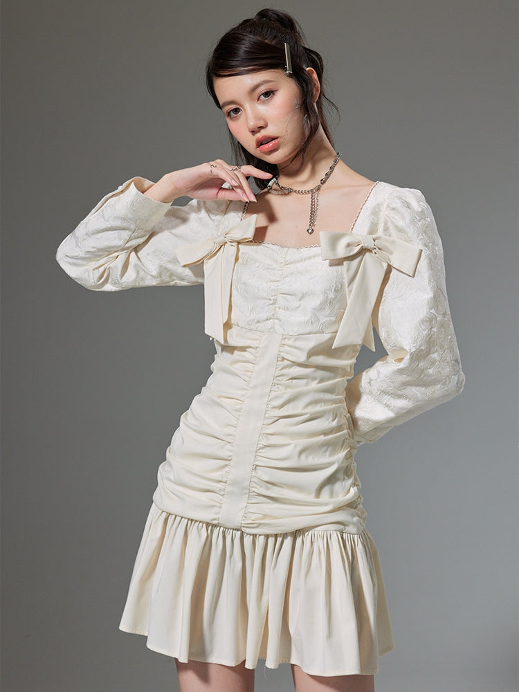 Pleated Waist Square Neck Long Sleeve Dress - chiclara