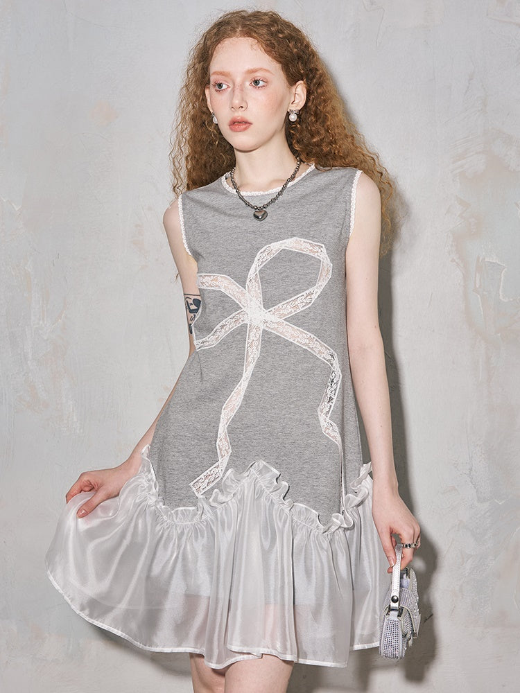 Hollow Bow Embroidered Sleeveless One-Piece - chiclara