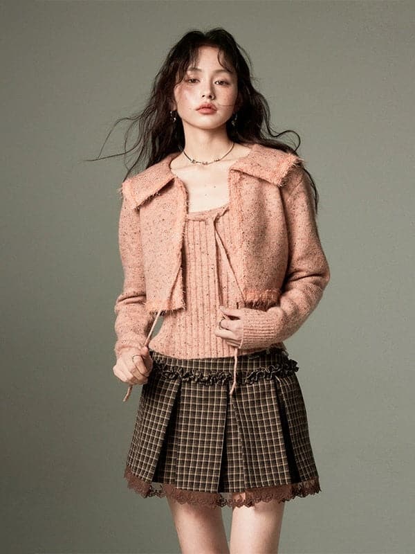 Cropped Knitted Cardigan & Camisole Set With Big Collar - chiclara