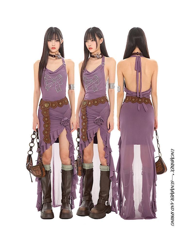 Halter Neck Long Back Frilled Hem Dress - chiclara