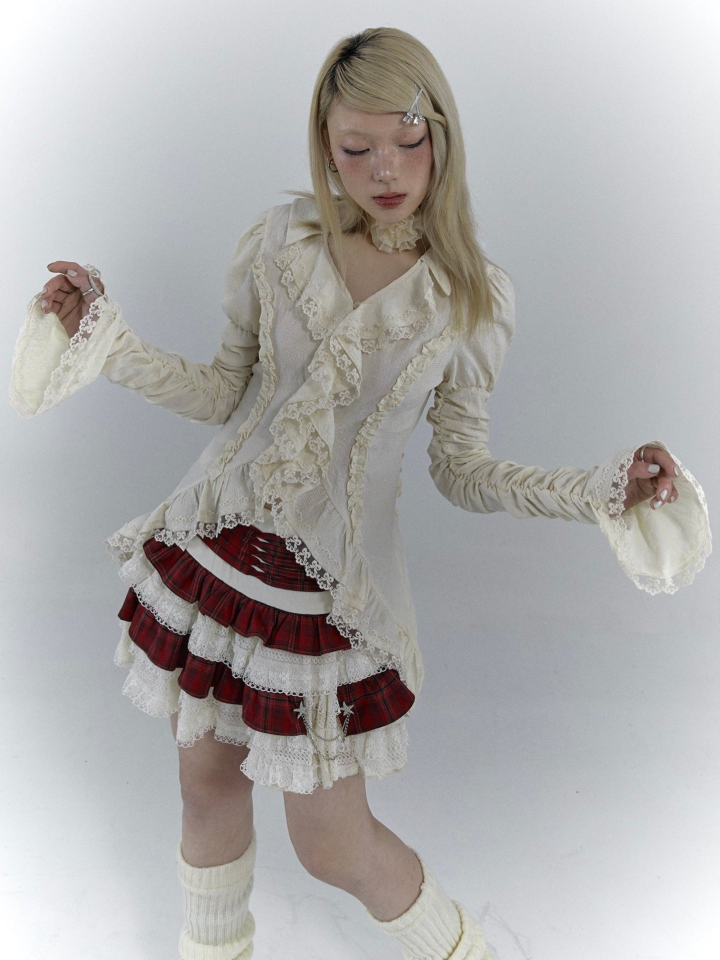 Trumpet Sleeve Shirred Frill Shirt - chiclara