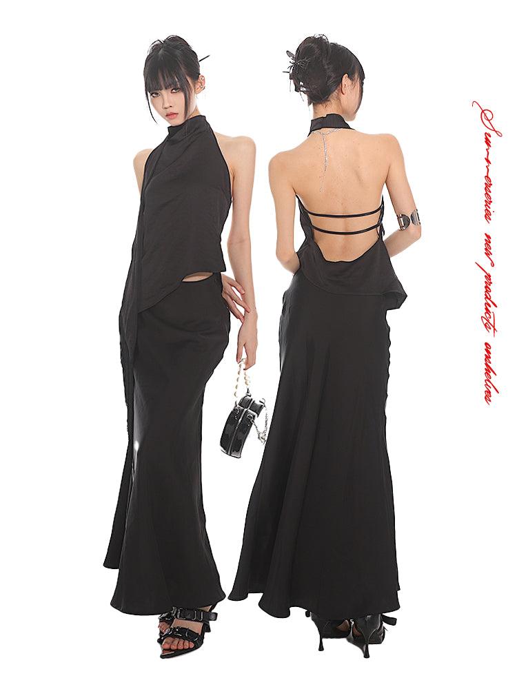 Elegant Halter Neck Open-Back Top & Mermaid Maxi Skirt Set - chiclara