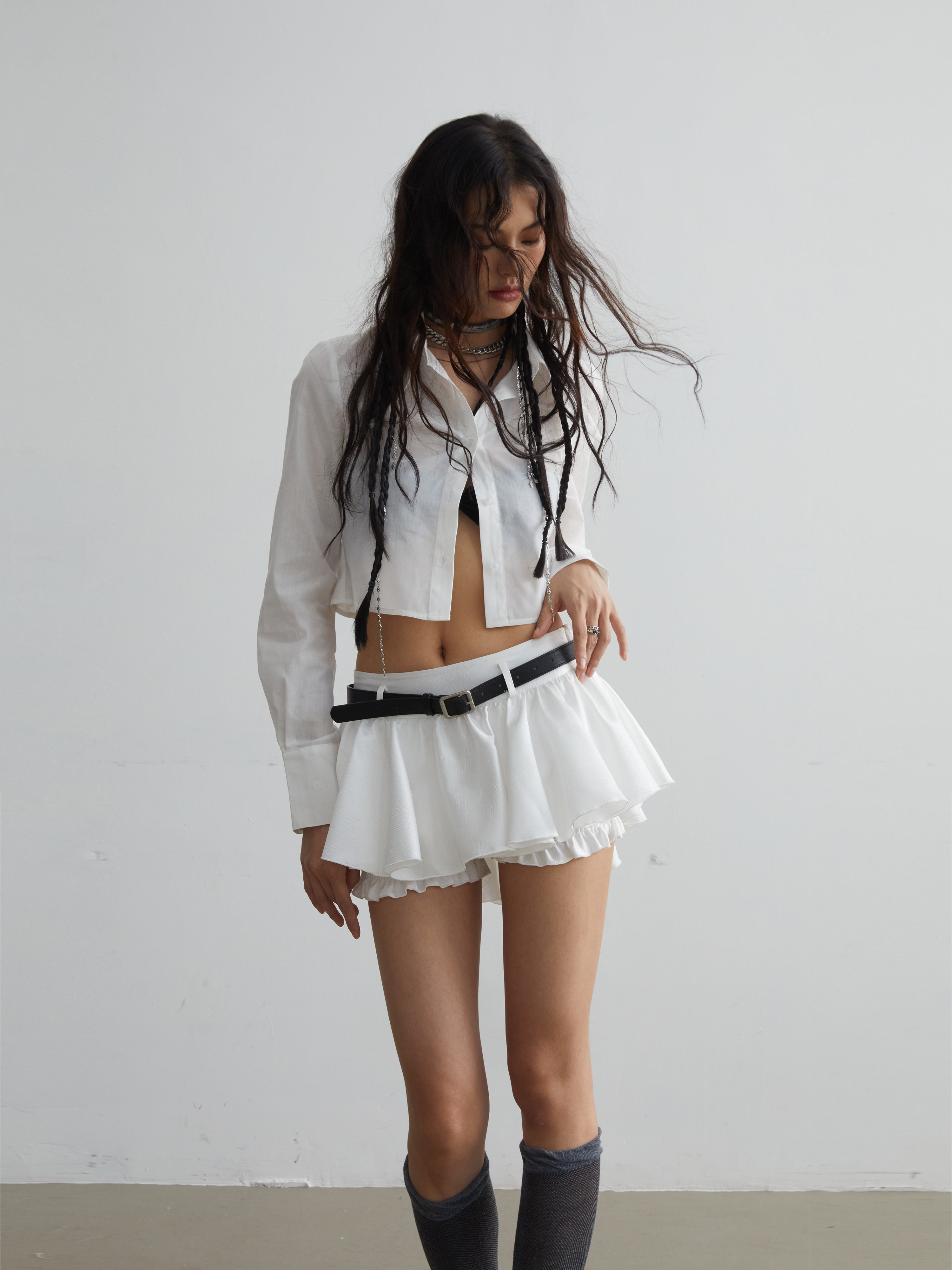 Ruffled Mini Skirt With Belt Embellishment - chiclara