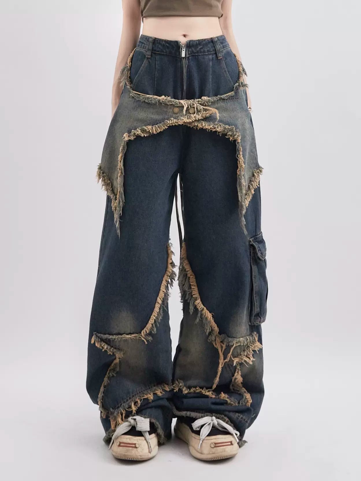 Star Patch Embroidered Distressed Jeans - chiclara