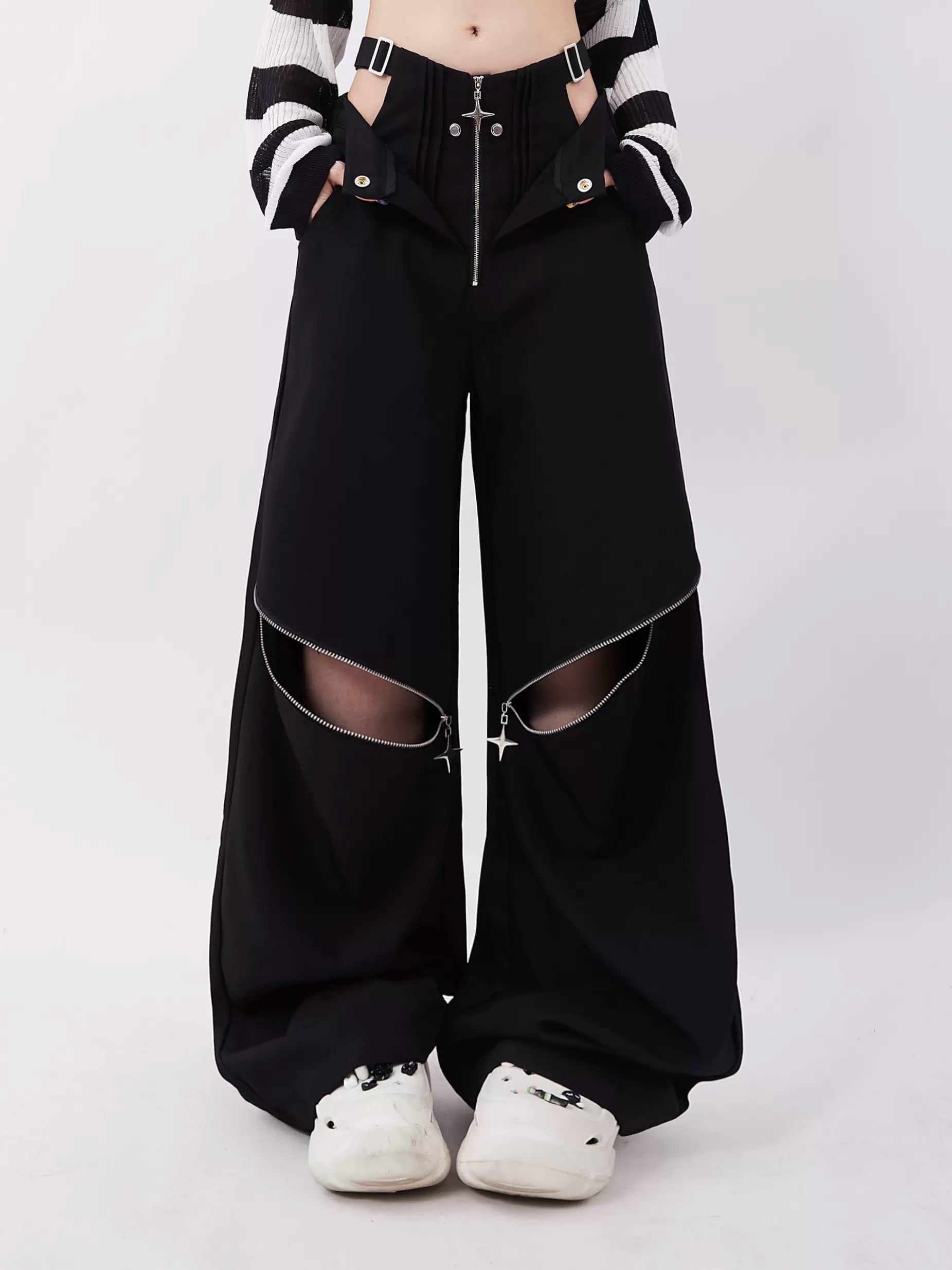 Zipper Two-Wear Wide Leg Casual Pants - chiclara