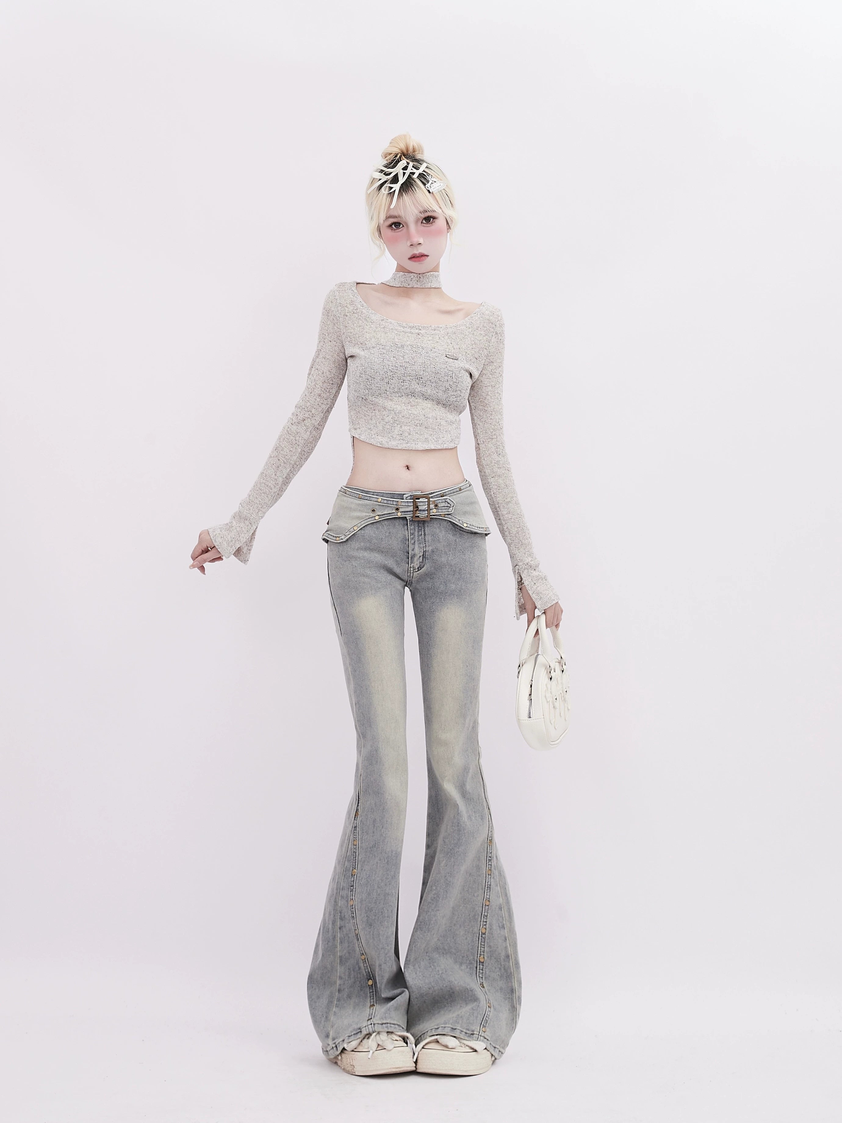 Retro Flared Jeans With Rivet Belt Detail - chiclara