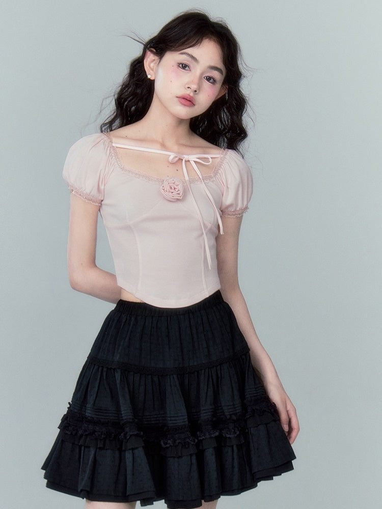 Rose Desire T-Shirt: Square Neck With Puff Sleeves - chiclara