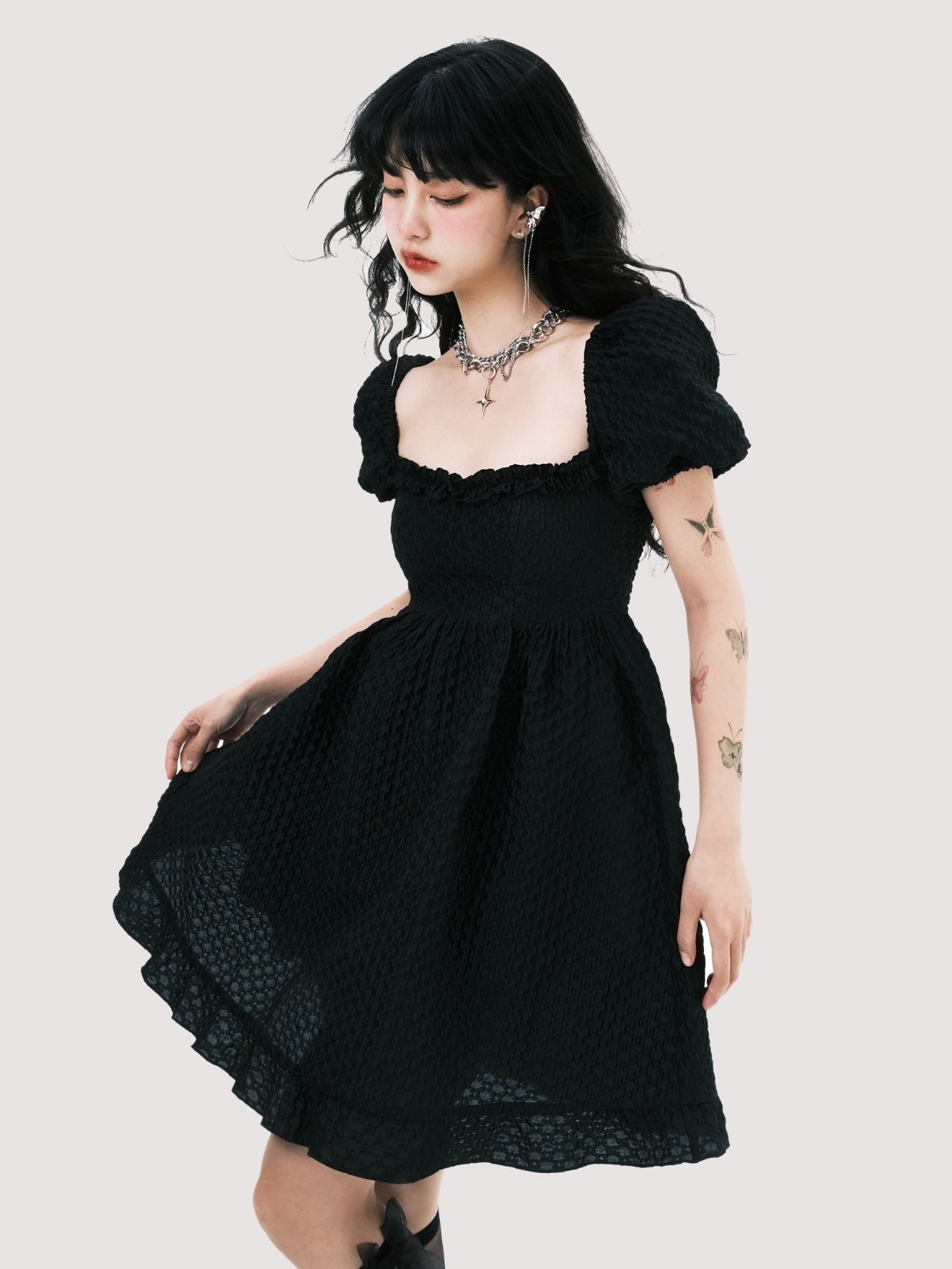 Elegant Square Neck Puff Sleeve Jacquard Dress - chiclara