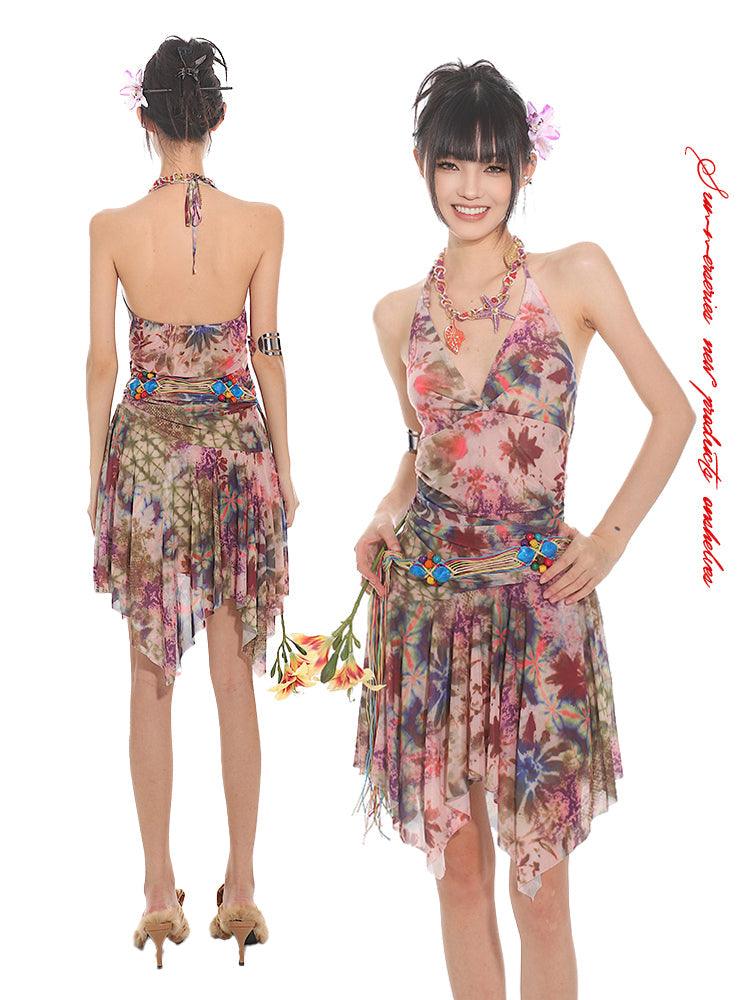 Tropical Mesh Halter Neck Resort Dress - chiclara
