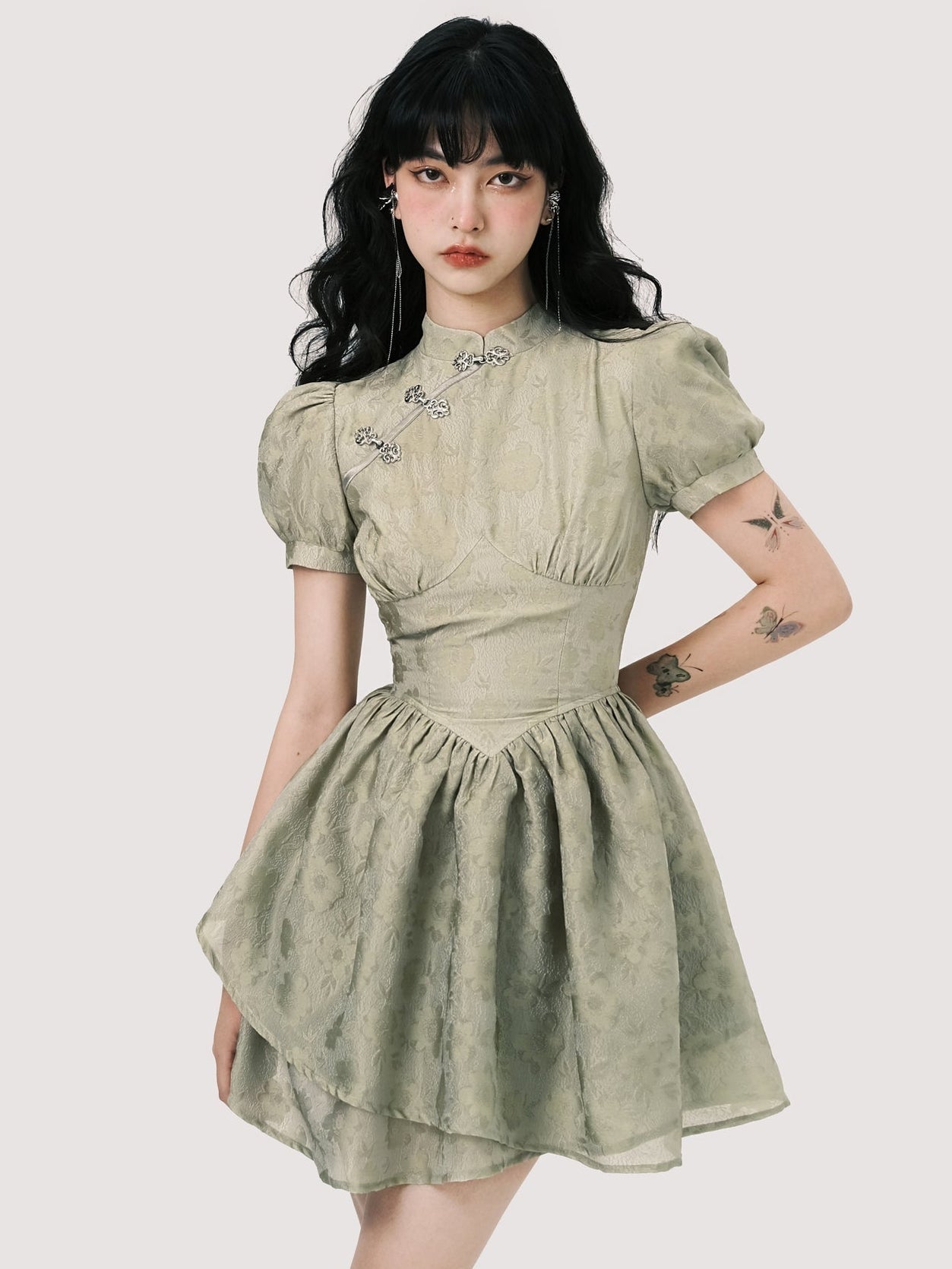 Sage Romance Floral Jacquard Dress - chiclara