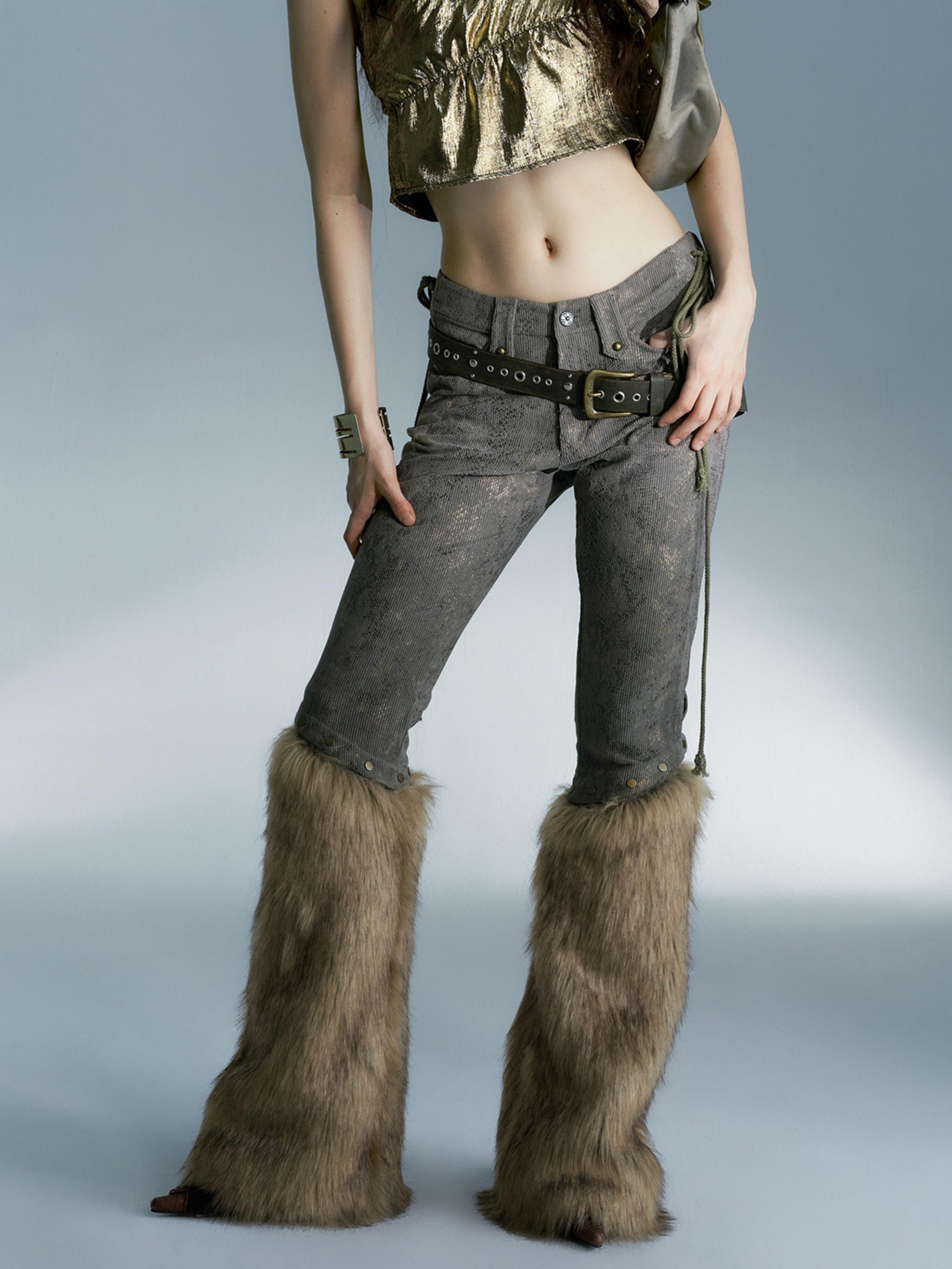 Fur-Trimmed Snake Print Cropped Pants - chiclara