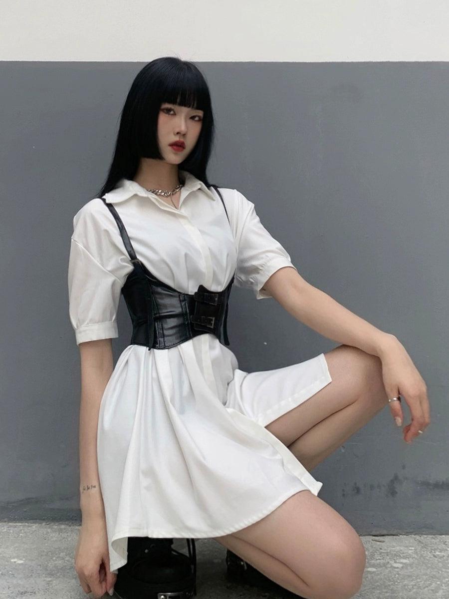 Ladyghost Edgy White Mini Shirt Dress With Black Harness Belt - Women'S Contrast Corset Waist Outfit